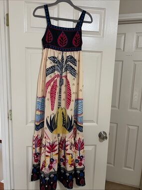 Sunday Beige Maxi Dress with Navy, Pink and Yellow Print